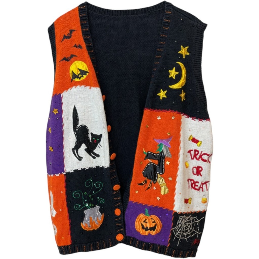 Basic Editions Halloween Sweater Vest Plus Size 1X Black Cat Witch Ghost Pumpkin